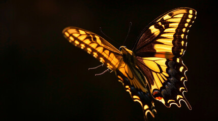 A high-definition silhouette image of a swallowtail butterfly, its wings spread wide, against a...