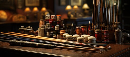 Antique tables and vintage cue sticks - obrazy, fototapety, plakaty