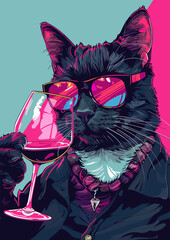 Vector illustration of a black cat in sunglasses with a glass of wine.