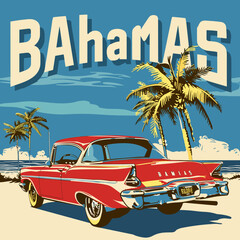 A vintage red car is parked on a beach in the Bahamas - obrazy, fototapety, plakaty