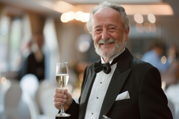 A jovial senior man in a tuxedo cheerfully holds a champagne glass with soft bokeh lights in background