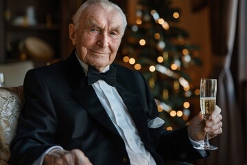 Elderly gentleman in a tuxedo with a champagne flute smiles in front of a festive Christmas background