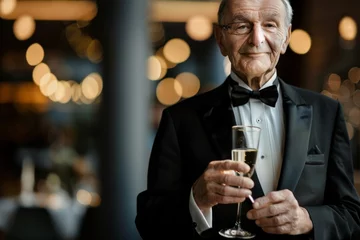 Poster A mature man in a sleek black tuxedo holding a champagne flute, with a subtle smile and an air of refinement © ChaoticMind