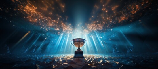 The stage shines under a spectacular light show, highlighting the prestigious cup trophy by ai - obrazy, fototapety, plakaty
