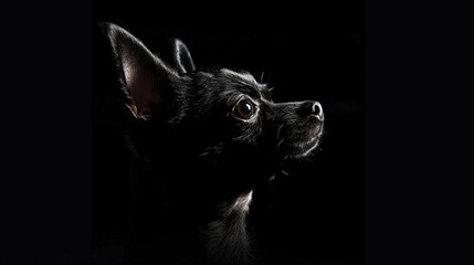 A silhouette of a Chihuahua, its tiny frame and large, expressive eyes visible against a black background. The image captures the breed's lively and spirited nature.