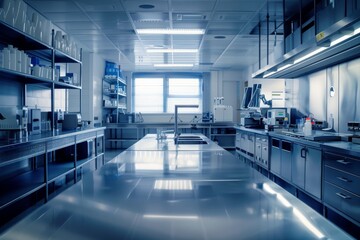 Image captures high-tech laboratory equipment arranged neatly within a pristine, clean laboratory environment