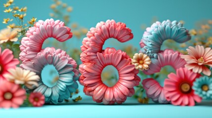 Minimal 3D number "1" decorated with flower, pastel background