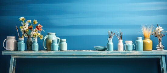 painting equipment is next to a blue wall generate by ai - obrazy, fototapety, plakaty