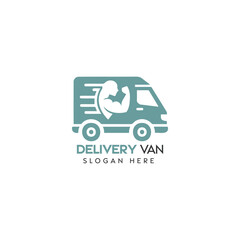 Delivery Van Logo Featuring Muscular Arm and Parcel Graphic