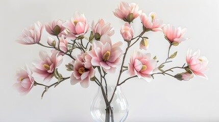 Bouquet of sprigs of blooming pink artificial magnolia in clear glass vase