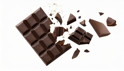 Chocolate bar piece explosion chunk candy broken isolated milk cocoa fly white background
