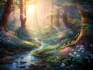 Beautiful fantasy landscape with a forest river and trees in the foreground
