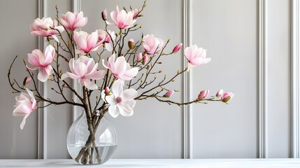 Bouquet of sprigs of blooming pink artificial magnolia in clear glass vase