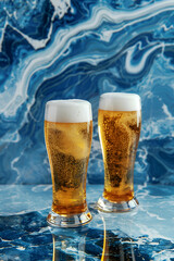 Piwo w szklankach na niebieskim tle - obrazy, fototapety, plakaty