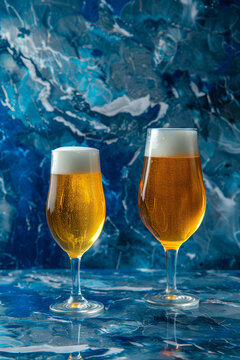 Dwie szklanki piwa na niebieskim tle