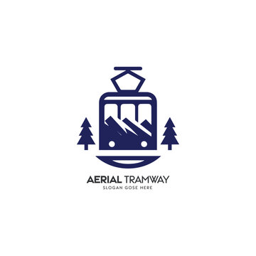 Blue Aerial Tramway Logo Featuring Cable Car, Trees, and Mountains