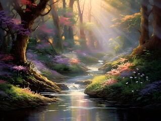 Beautiful fantasy landscape of spring forest and river. 3d rendering