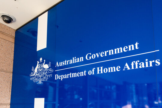 City of Melbourne, VIC Australia-June 10th 2018: Logo of Department of Home Affairs at entrance of the office building. Australia revises student visas to target non-genuine applicants.