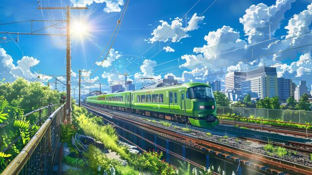 Green train traveling down railway tracks in scenic countryside setting. Seamless Looping 4k Video Animation