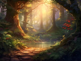 Fantasy forest landscape with a river and trees. 3d illustration