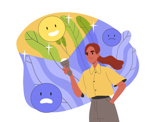 Positive woman concept. Young girl with good feelings and emotions. Character with bright mood. Mental confidence and brave. Cartoon flat vector illustration isolated on white background