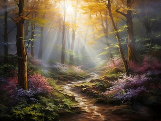 Beautiful spring forest landscape with fog and bright sunbeams.
