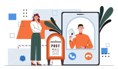 Postman online concept. Man send mesage and envelope to girl. Remote communication and interaction. International friendly correspondence. Cartoon flat vector illustration isolated on white background