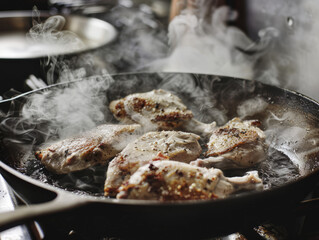 Sizzling Chicken in Pan with Smoke, Cooking in Action
