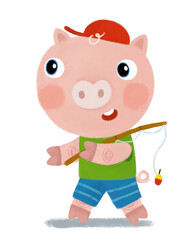 cartoon scene with farm pig boy child walking to fish and smiling and looking in dungerees illustration for children