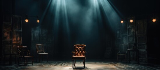 Spotlights illuminate empty stage with chair in dark