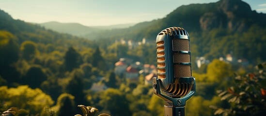 microphone in the mountains - obrazy, fototapety, plakaty