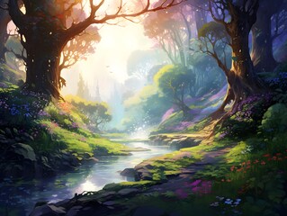 Fantasy landscape with a river in the forest. 3D illustration