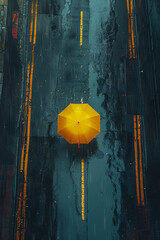 Aerial View of Yellow Umbrella on Wet Urban Road with Raindrops