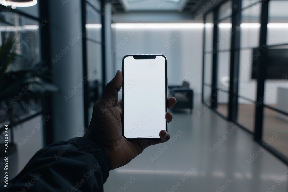 Aufkleber A hand presenting a smartphone with an editable blank screen in a well-lit modern office setting Suitable for app or website mockups