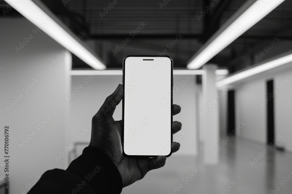 Aufkleber Grayscale image emphasizing the blank screen of a smartphone held by a hand in an office with artistic lighting