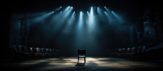 Spotlights illuminate empty stage with chair in dark