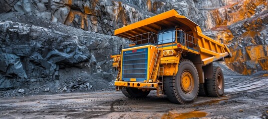 Coal quarry operations  large yellow mining truck in open pit mine for extractive industry