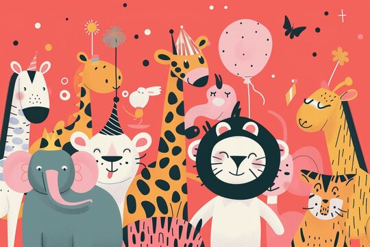 Sophisticated chaos reigns as zoo animals take over the night! This flat illustration captures the mischievous joy of a secret rave party, bursting with animal revelers