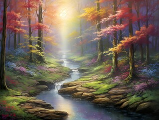 Autumn forest and river. Panoramic landscape. Nature background