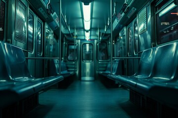 Obraz premium An atmospheric shot capturing the eeriness of an abandoned subway car bathed in cool blue lights, highlighting the solitude of urban spaces