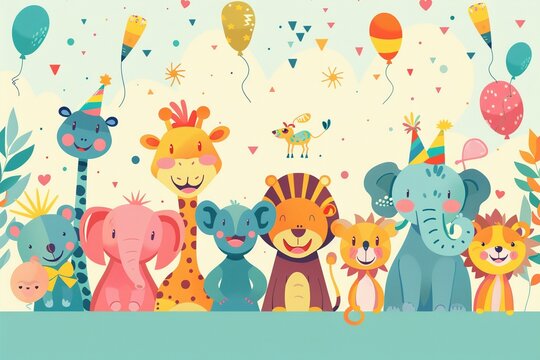 A mischievous menagerie throws a sophisticated soirée! This flat illustration depicts zoo animals at a joyful rave party, bursting with vibrant colors and playful details