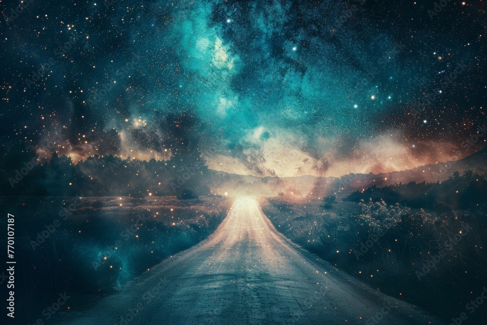 Poster An enthralling digital depiction of a forest road bathed in starlight, creating a bridge between reality and fantasy