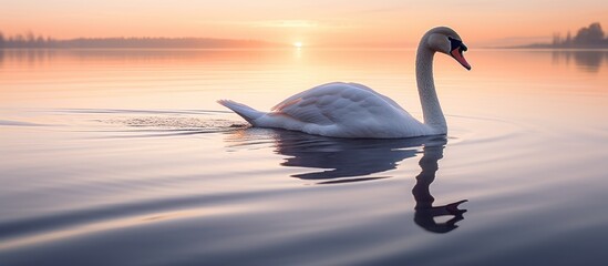 Swan floating on the water at sunrise