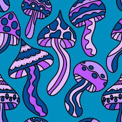 Cartoon autumn harvest seamless neon Halloween mushrooms with skulls pattern for wrapping paper and fabrics