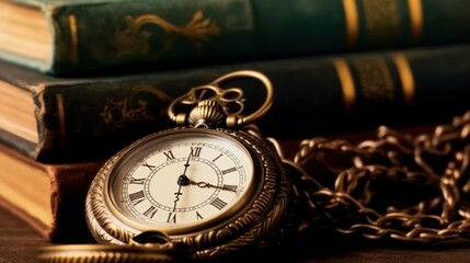 Vintage clock hanging on a chain on the background of old books - obrazy, fototapety, plakaty
