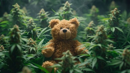 Modern illustration of weed with bear doll standing behind it