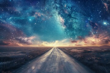 Fototapeta premium A captivating digital artwork showcasing an endless road leading to a horizon beneath a starlit sky, symbolizing a journey