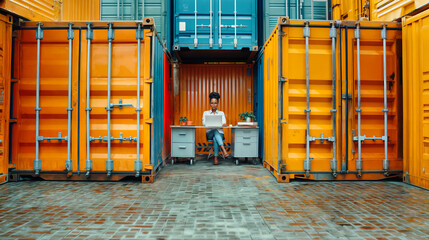 businesswoman working in a container, low budget, startup