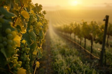 Naklejka premium Warm, glowing sunrise light illuminating fresh grapevines at a picturesque vineyard