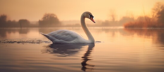 Swan floating on the water at sunrise